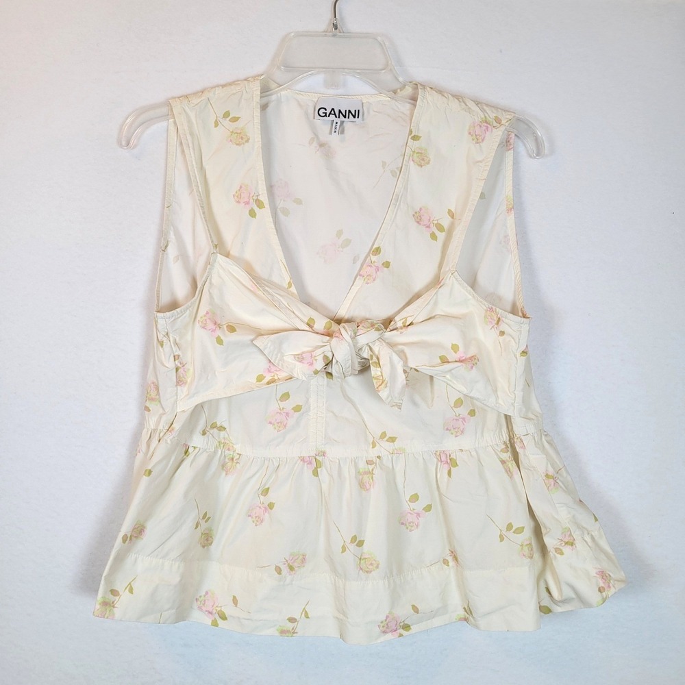 Ganni Womens Floral Tie Front Peplum Tank Top Blouse Size 40 Beige Coquette